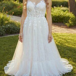 Romantic Lace Wedding Dress | Handmade Size 12/14 | Soft Tulle A-Line Gown